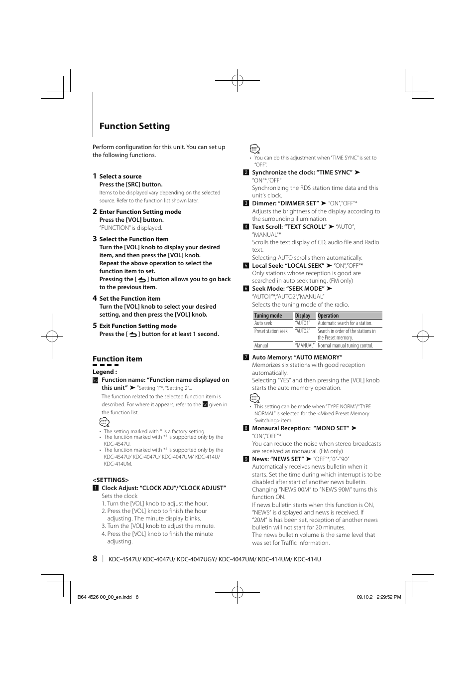 Function setting, Function item | Kenwood KDC-4547UB User Manual | Page 8 / 24