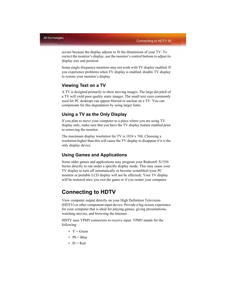 Connecting to hdtv | ATI Technologies RADEON X1550 SERIES User Manual | Page 103 / 148