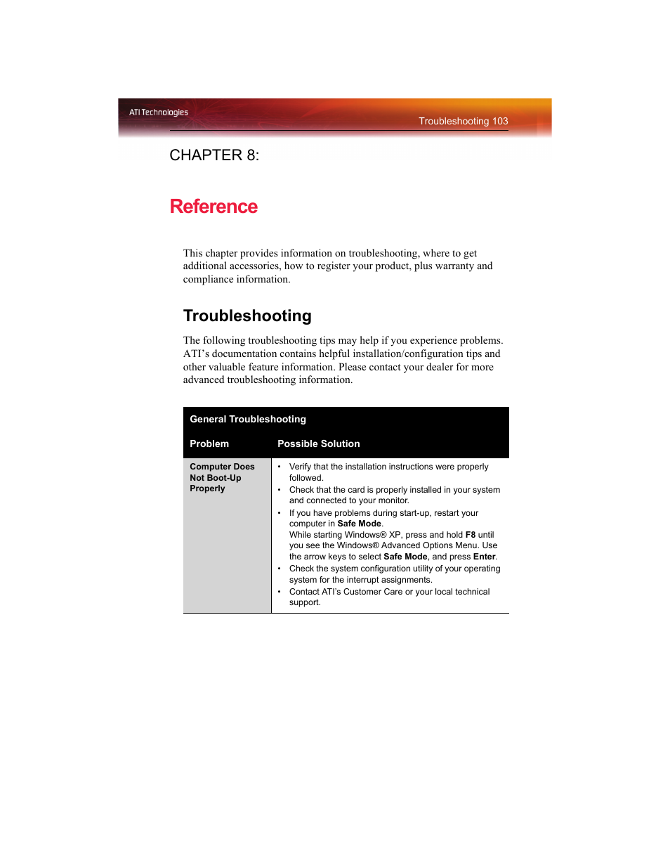 Reference, Troubleshooting, Chapter 8 | ATI Technologies RADEON X1550 SERIES User Manual | Page 111 / 148
