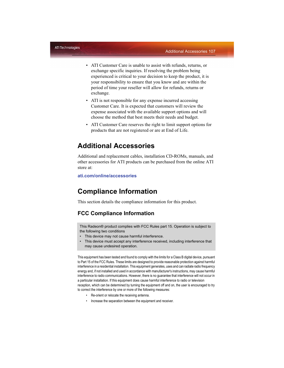 Additional accessories, Compliance information | ATI Technologies RADEON X1550 SERIES User Manual | Page 115 / 148