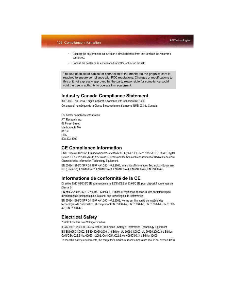 Industry canada compliance statement, Ce compliance information, Informations de conformité de la ce | Electrical safety | ATI Technologies RADEON X1550 SERIES User Manual | Page 116 / 148