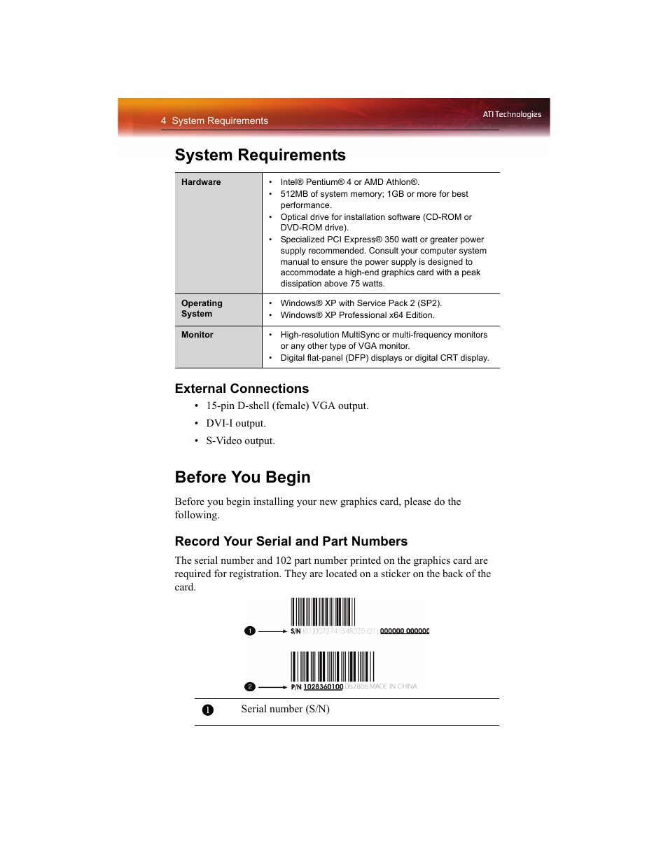 System requirements, Before you begin, External connections | Record your serial and part numbers | ATI Technologies RADEON X1550 SERIES User Manual | Page 12 / 148