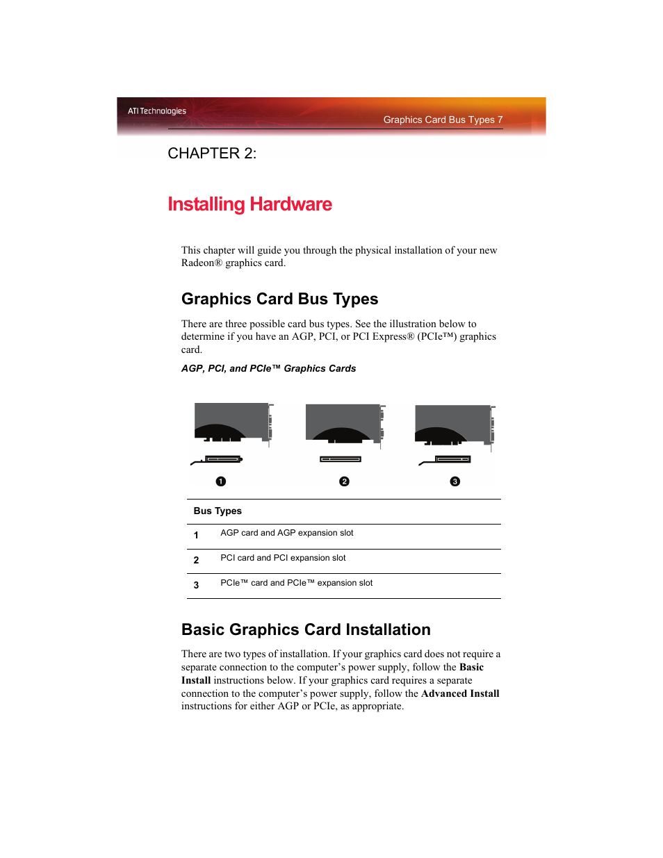 Installing hardware, Graphics card bus types, Basic graphics card installation | Chapter 2 | ATI Technologies RADEON X1550 SERIES User Manual | Page 15 / 148