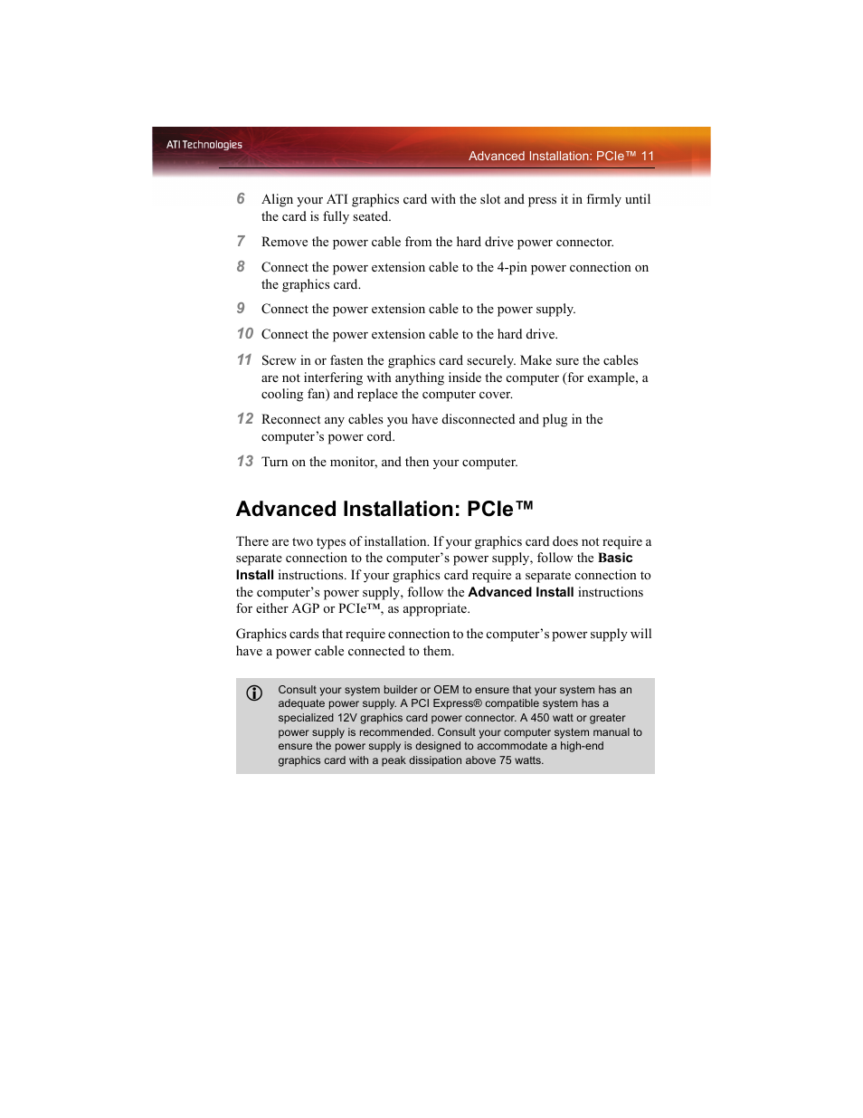 Advanced installation: pcie | ATI Technologies RADEON X1550 SERIES User Manual | Page 19 / 148