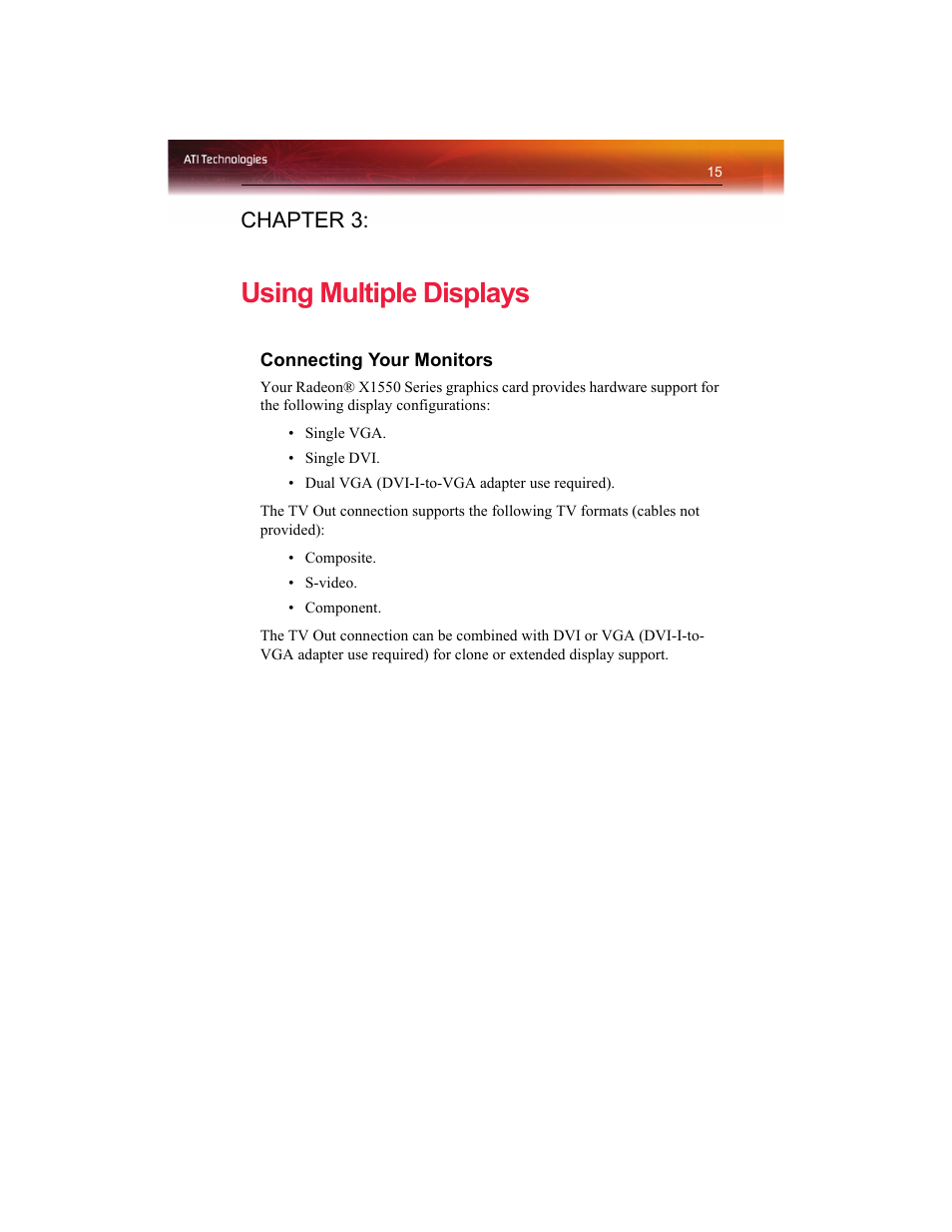 Using multiple displays, Chapter 3 | ATI Technologies RADEON X1550 SERIES User Manual | Page 23 / 148