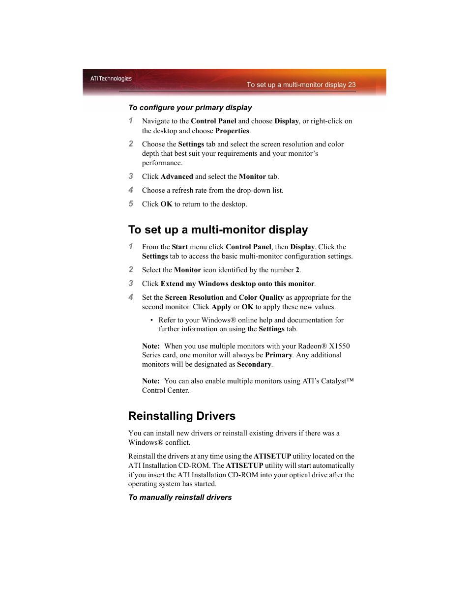 To set up a multi-monitor display, Reinstalling drivers | ATI Technologies RADEON X1550 SERIES User Manual | Page 31 / 148