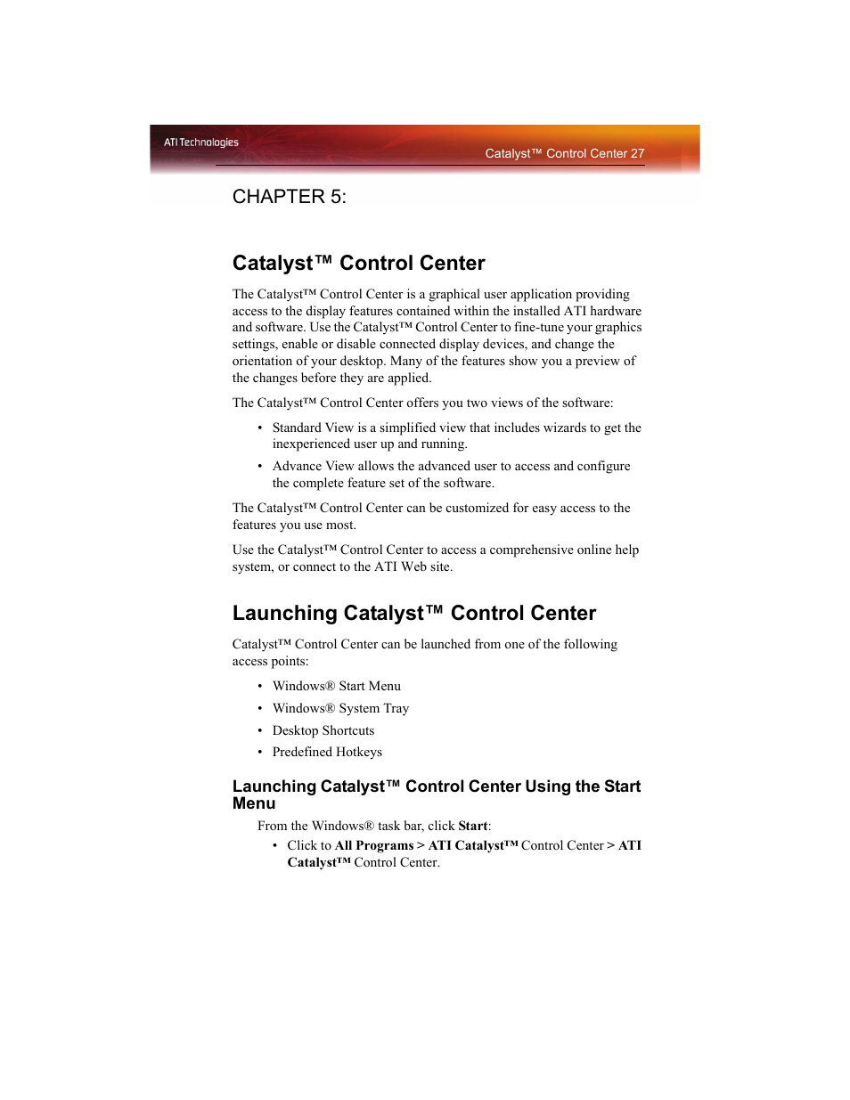 Catalyst™ control center, Launching catalyst™ control center, Chapter 5 | ATI Technologies RADEON X1550 SERIES User Manual | Page 35 / 148