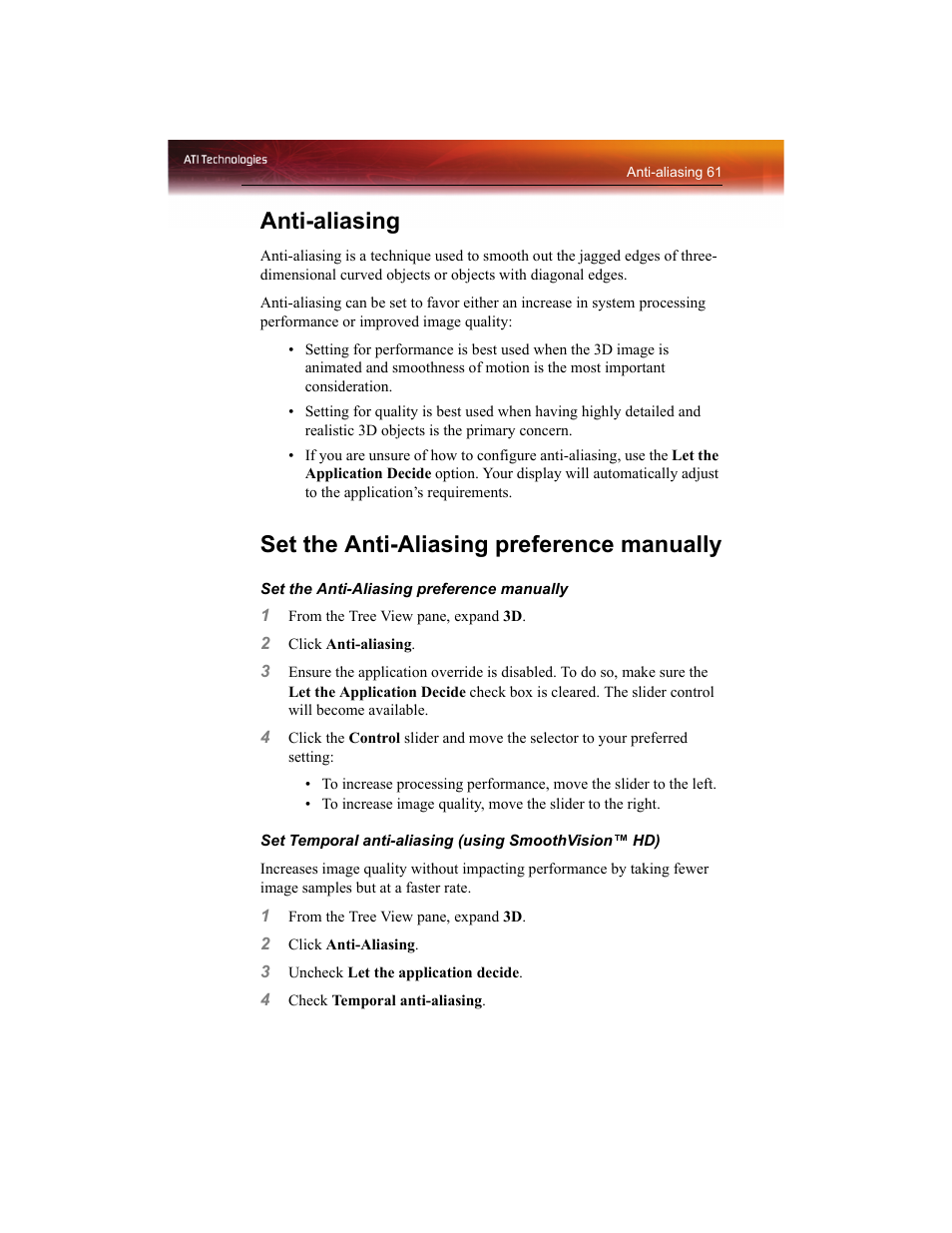 Anti-aliasing, Set the anti-aliasing preference manually | ATI Technologies RADEON X1550 SERIES User Manual | Page 69 / 148