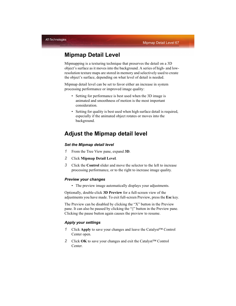 Mipmap detail level, Adjust the mipmap detail level | ATI Technologies RADEON X1550 SERIES User Manual | Page 75 / 148