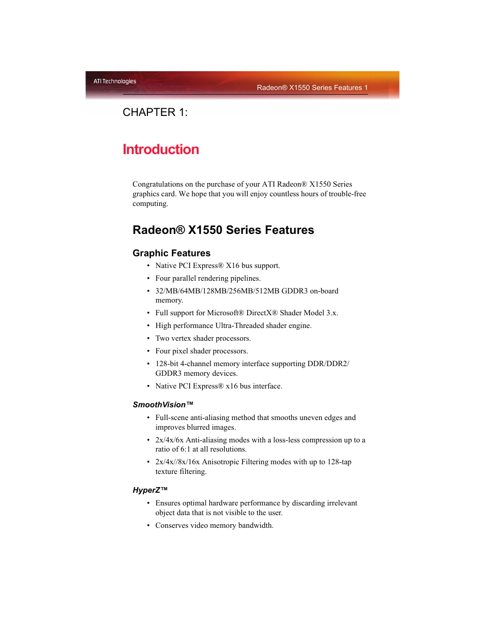 Introduction, Radeon® x1550 series features, Chapter 1 | ATI Technologies RADEON X1550 SERIES User Manual | Page 9 / 148