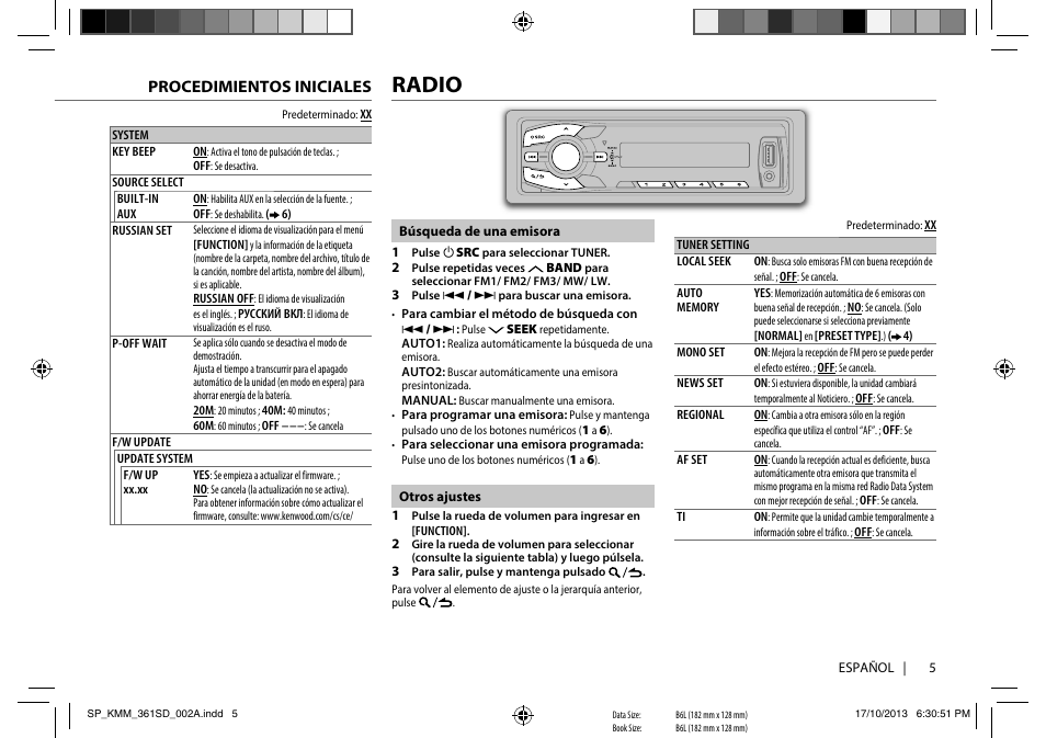 Radio, Procedimientos iniciales | Kenwood KMM-361SD User Manual | Page 5 / 13