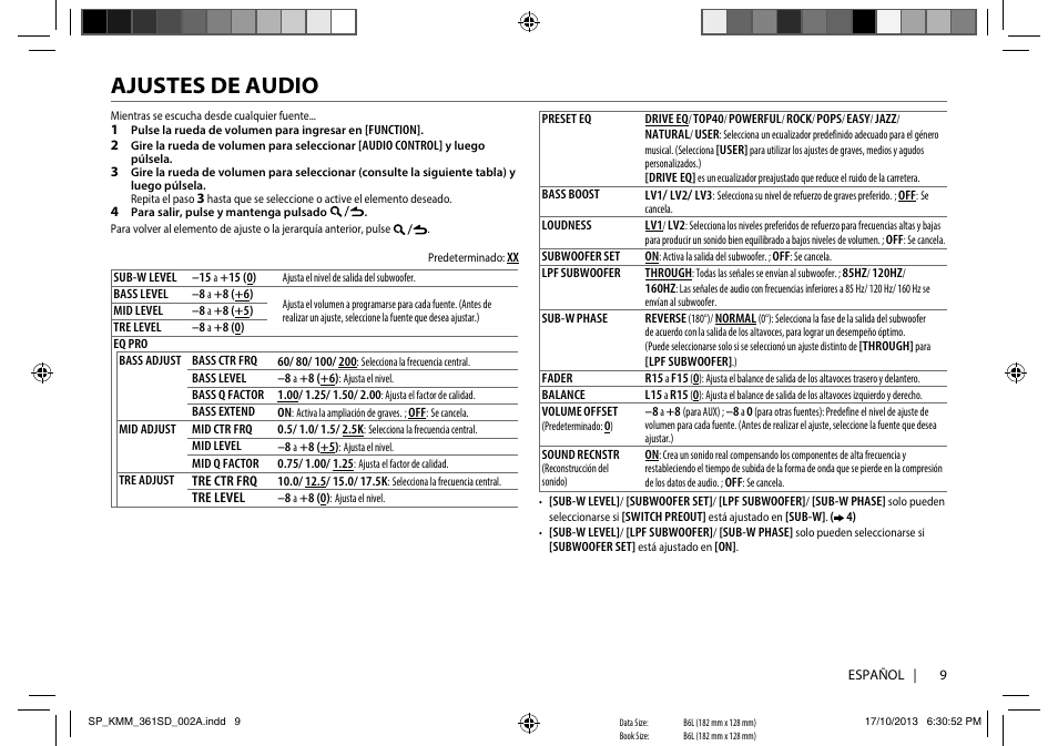 Ajustes de audio | Kenwood KMM-361SD User Manual | Page 9 / 13