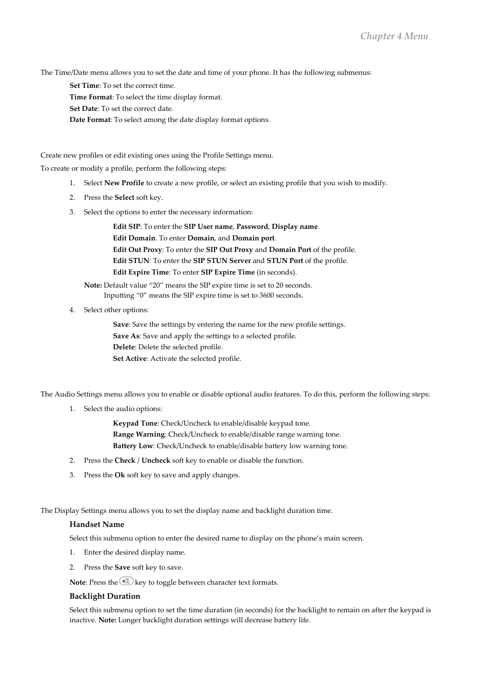 Chapter 4 menu, Time/date, Profile settings | Audio settings, Display settings | ATI Technologies QuickPhones QA-341 User Manual | Page 19 / 29