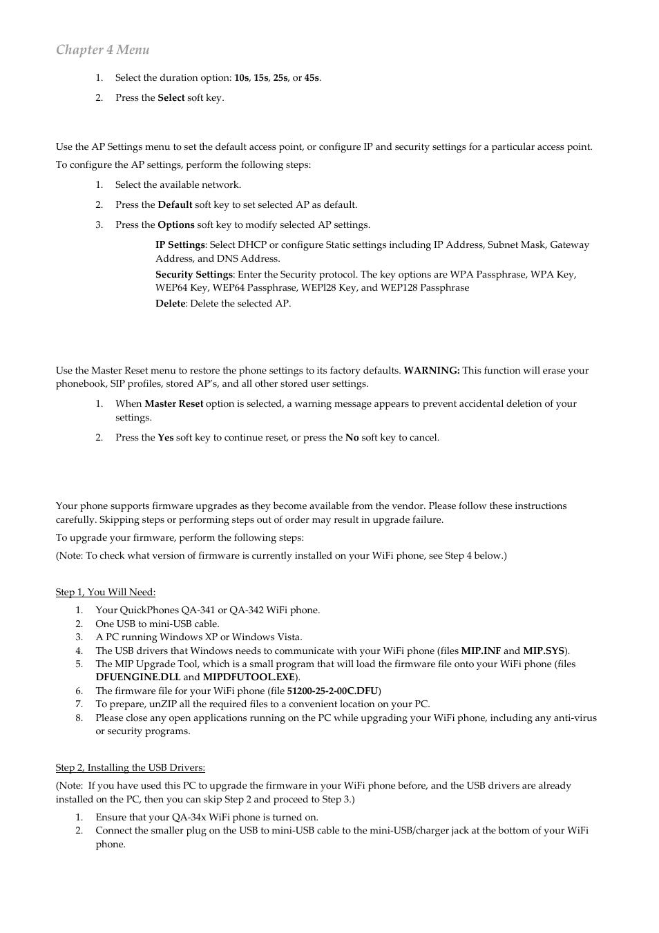 Chapter 4 menu, Ap settings, Master reset | Firmware upgrade | ATI Technologies QuickPhones QA-341 User Manual | Page 20 / 29