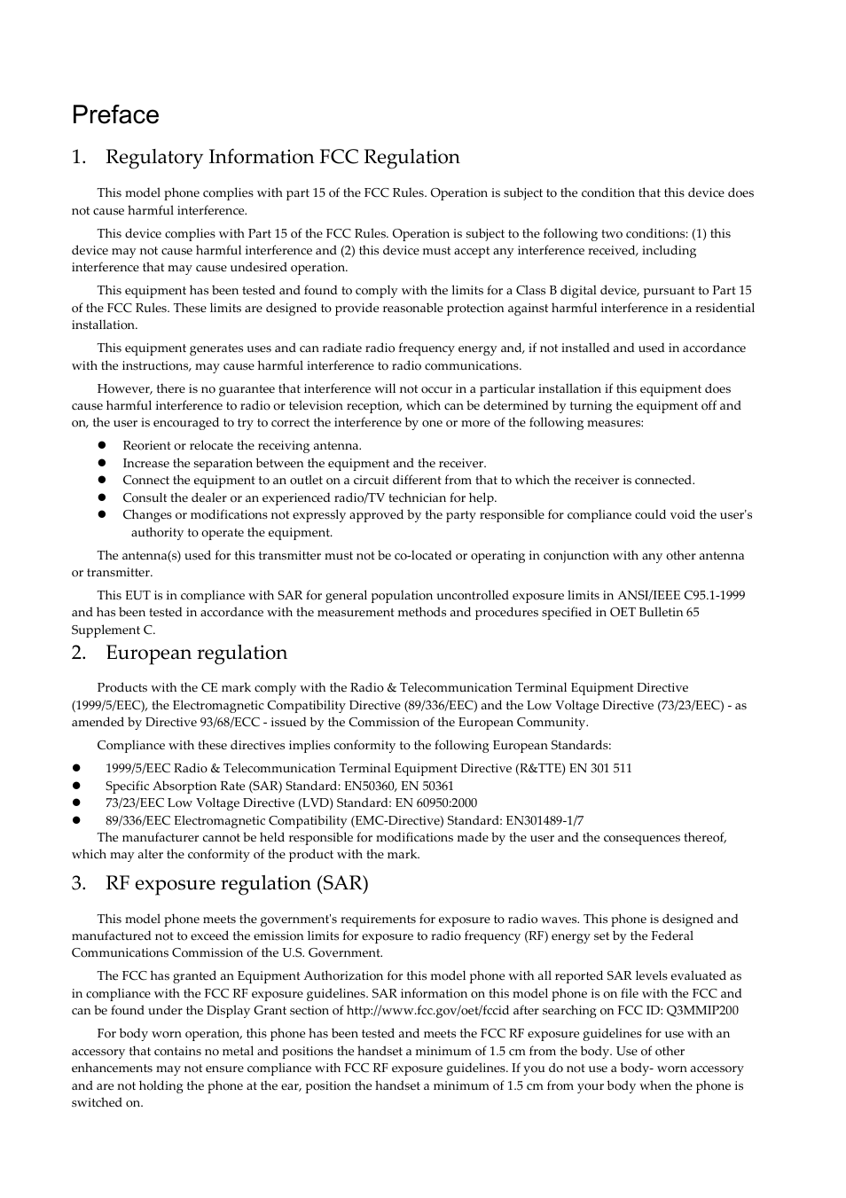Preface, Regulatory information fcc regulation, European regulation | Rf exposure regulation (sar) | ATI Technologies QuickPhones QA-341 User Manual | Page 3 / 29