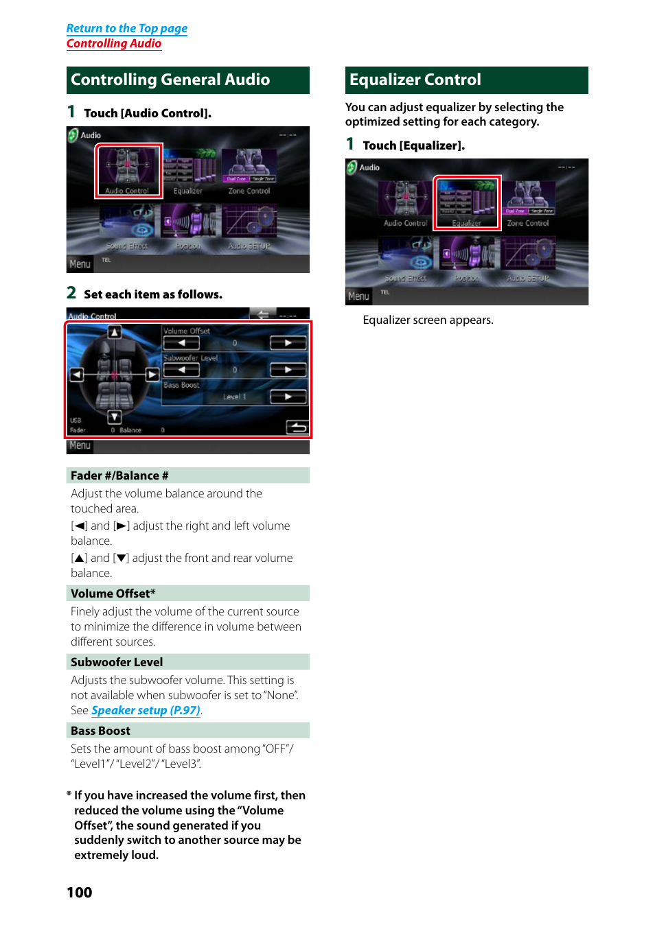 Controlling general audio, Equalizer control, Controlling general audio equalizer control | P.100) | Kenwood DNX7250DAB User Manual | Page 101 / 131