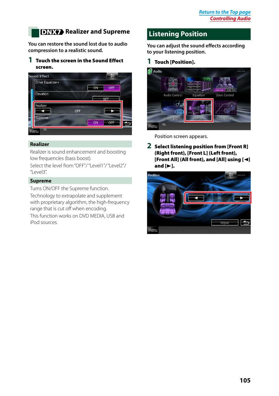 Listening position, P.105) | Kenwood DNX7250DAB User Manual | Page 106 / 131