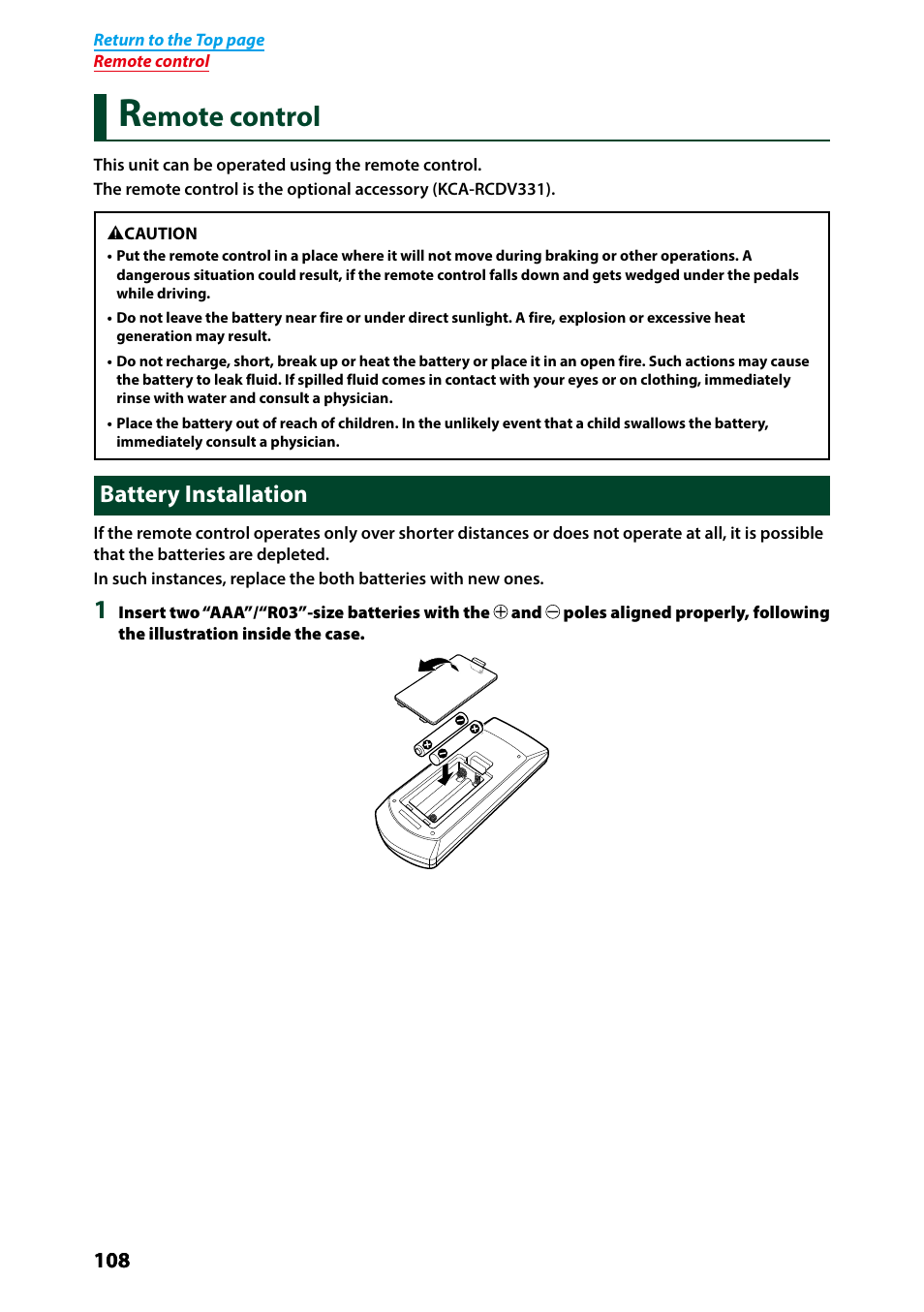 Remote control, Battery installation, Emote control | Kenwood DNX7250DAB User Manual | Page 109 / 131