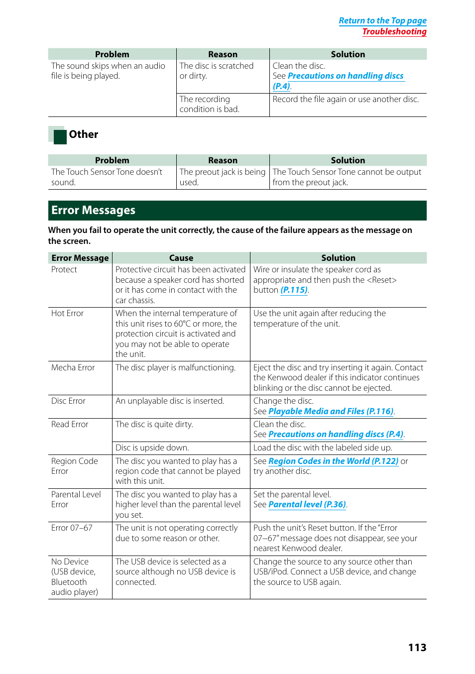 Error messages, Other | Kenwood DNX7250DAB User Manual | Page 114 / 131