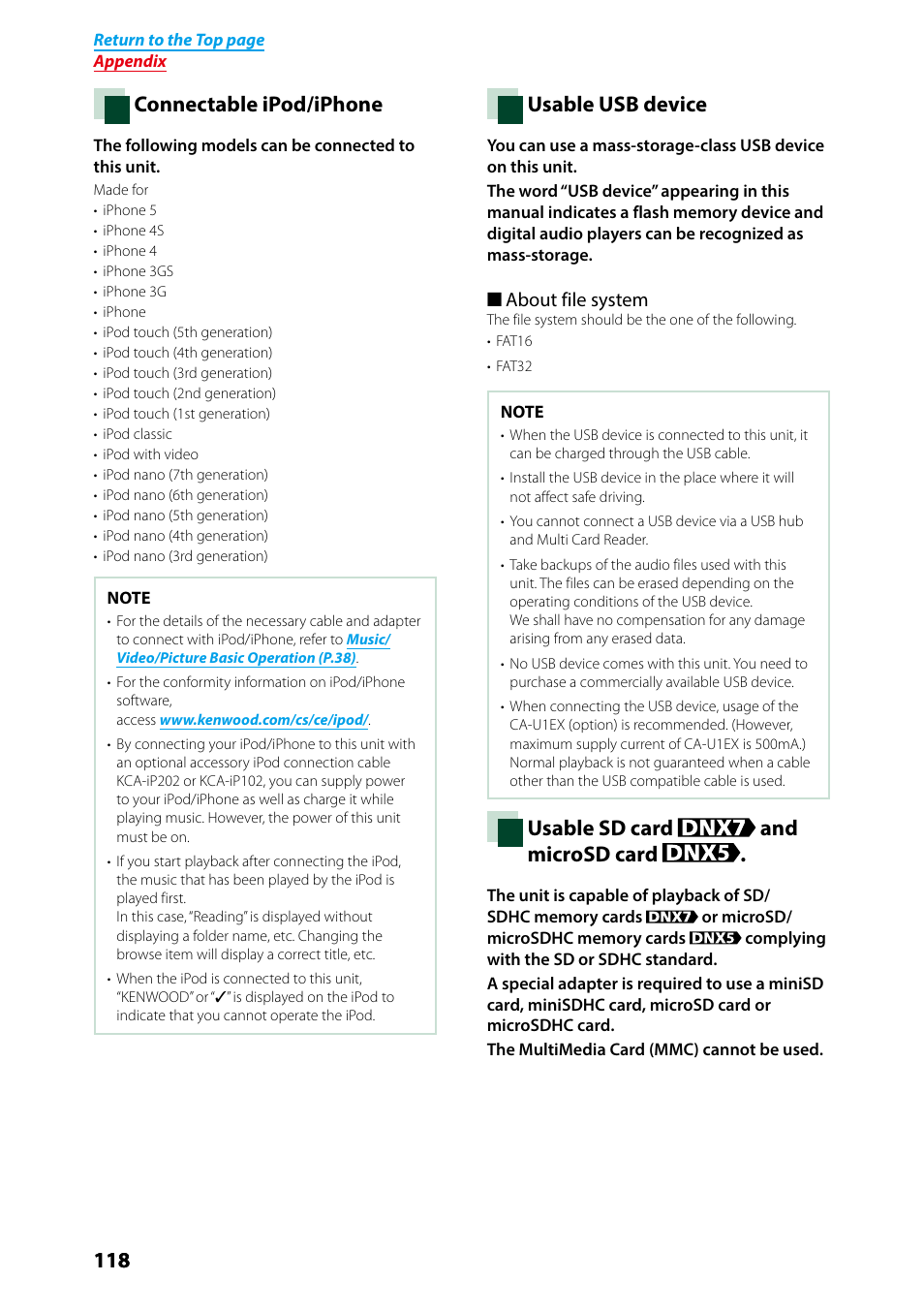 Connectable ipod/iphone (p.118), Connectable ipod/iphone, Usable usb device | Usable sd card and microsd card | Kenwood DNX7250DAB User Manual | Page 119 / 131