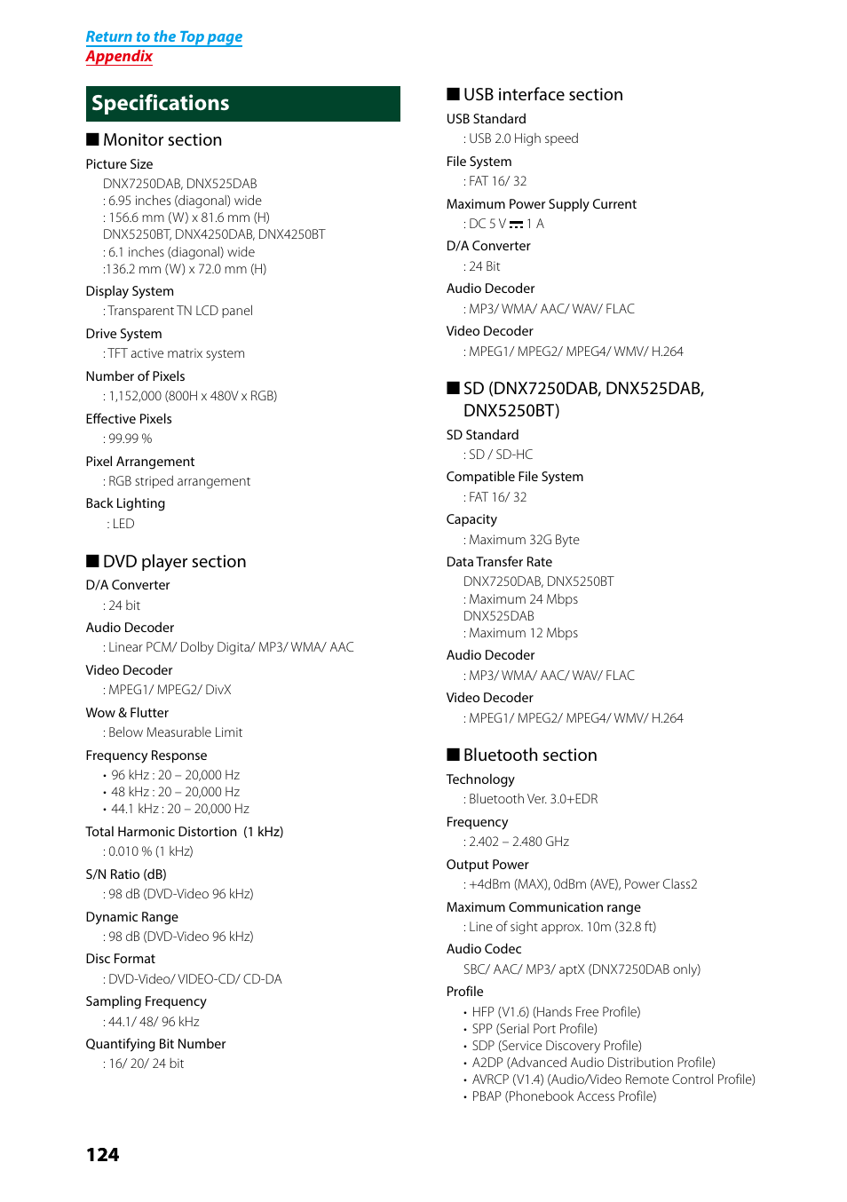 Specifications | Kenwood DNX7250DAB User Manual | Page 125 / 131