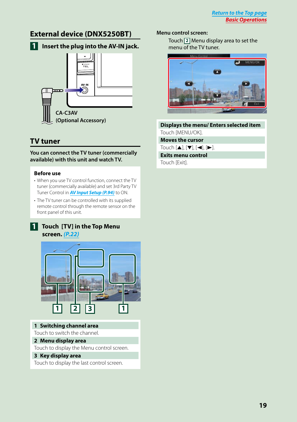 External device (dnx5250bt), Tv tuner | Kenwood DNX7250DAB User Manual | Page 20 / 131