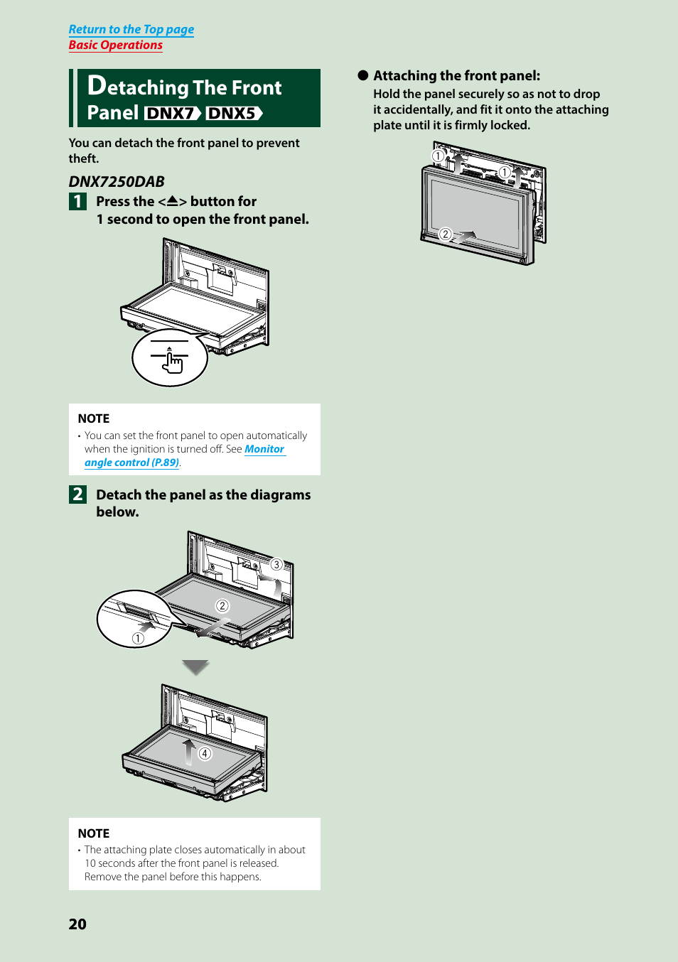 Detaching the front panel, Etaching the front panel | Kenwood DNX7250DAB User Manual | Page 21 / 131