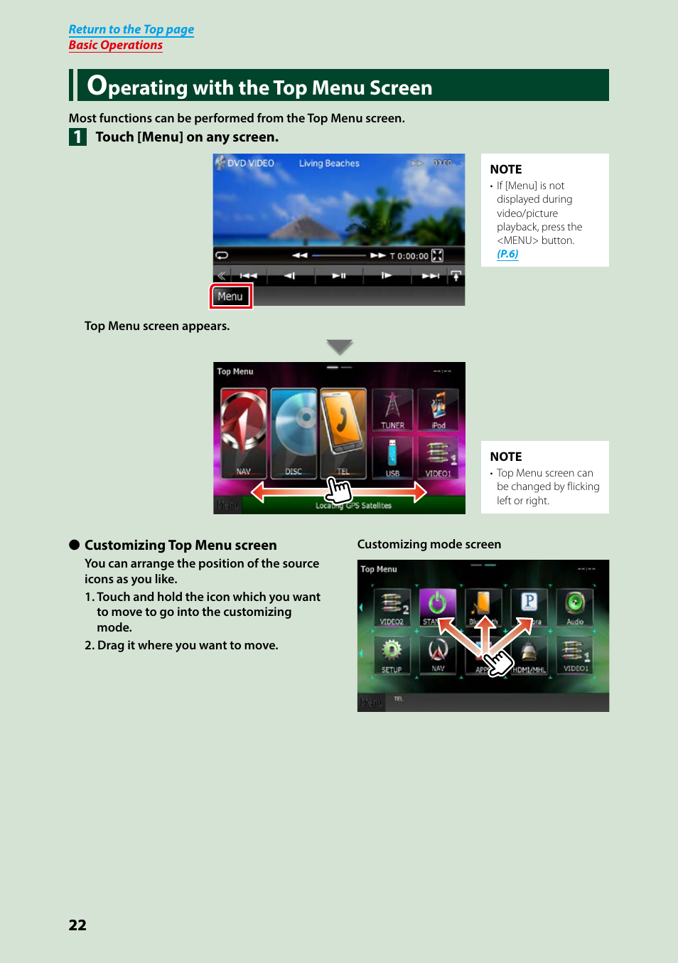 Operating with the top menu screen, P.22), Perating with the top menu screen | Kenwood DNX7250DAB User Manual | Page 23 / 131