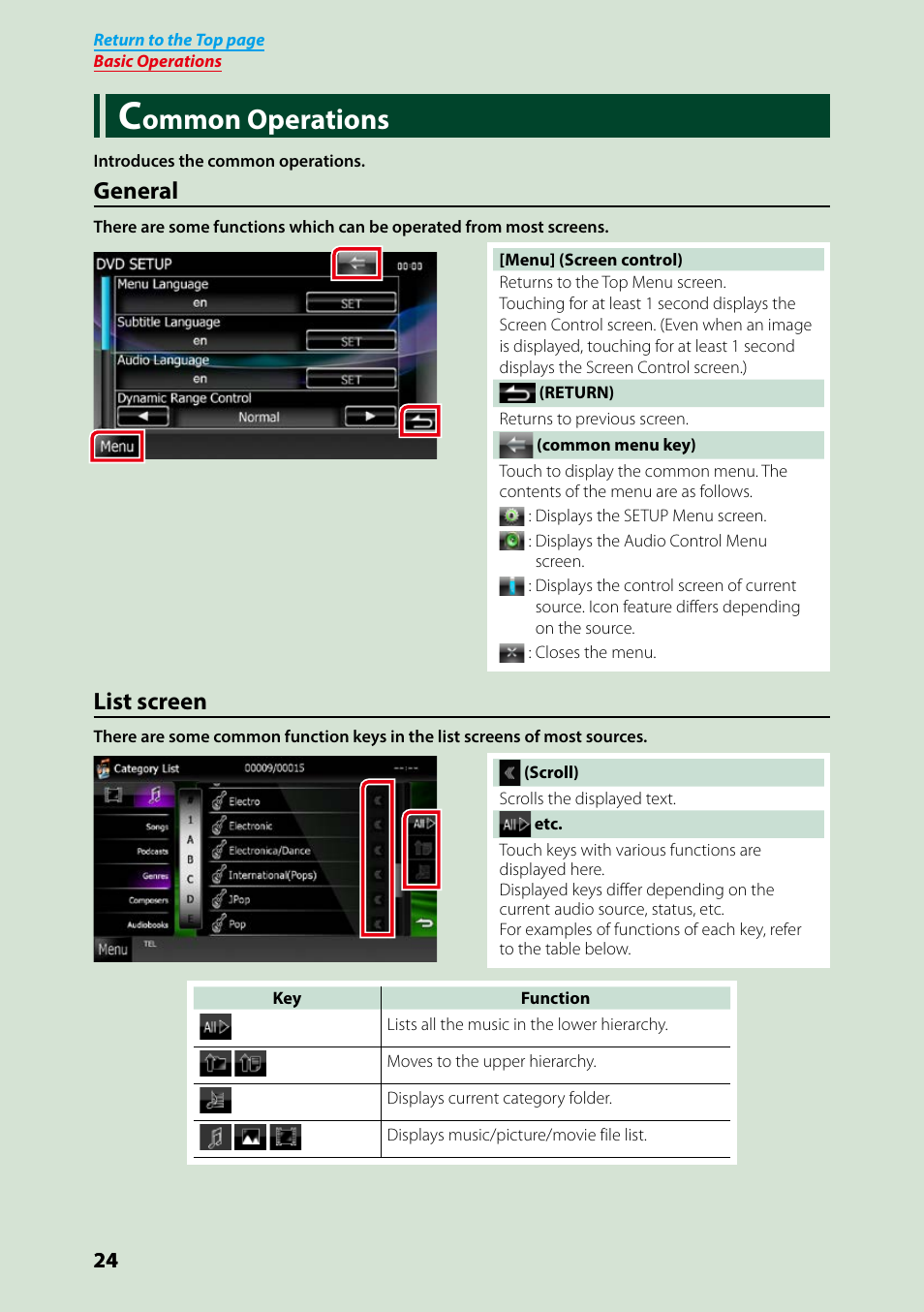 Common operations, Ommon operations, General | List screen | Kenwood DNX7250DAB User Manual | Page 25 / 131