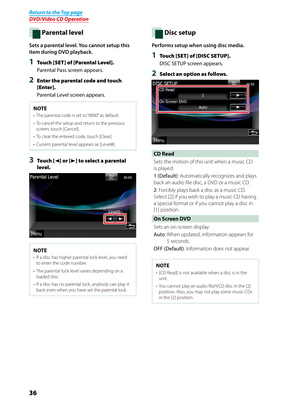 Parental level (p.36), Disc setup (p.36) | Kenwood DNX7250DAB User Manual | Page 37 / 131