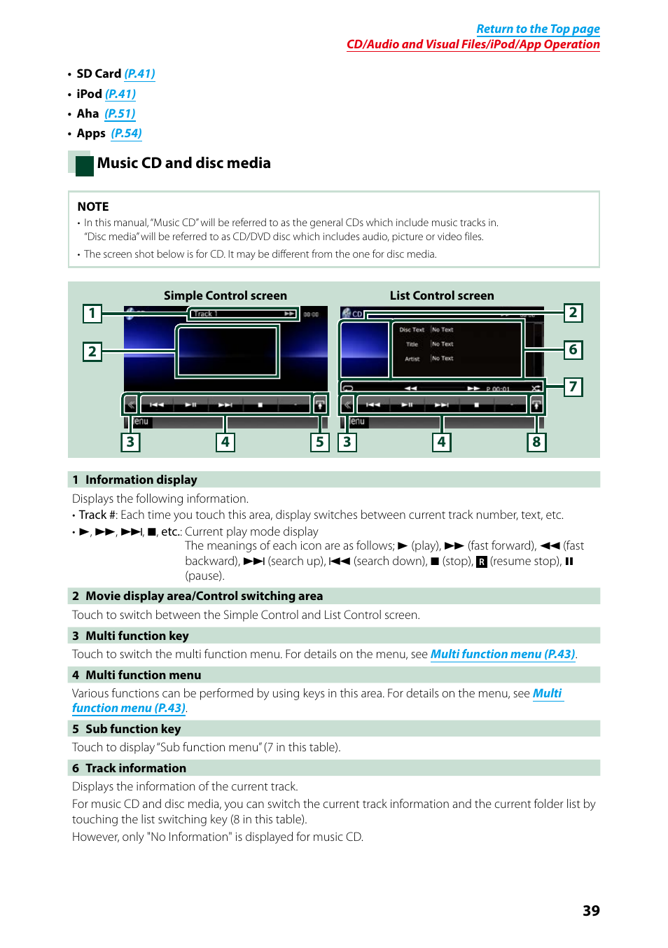 Music cd, P.39), Isc media | Kenwood DNX7250DAB User Manual | Page 40 / 131