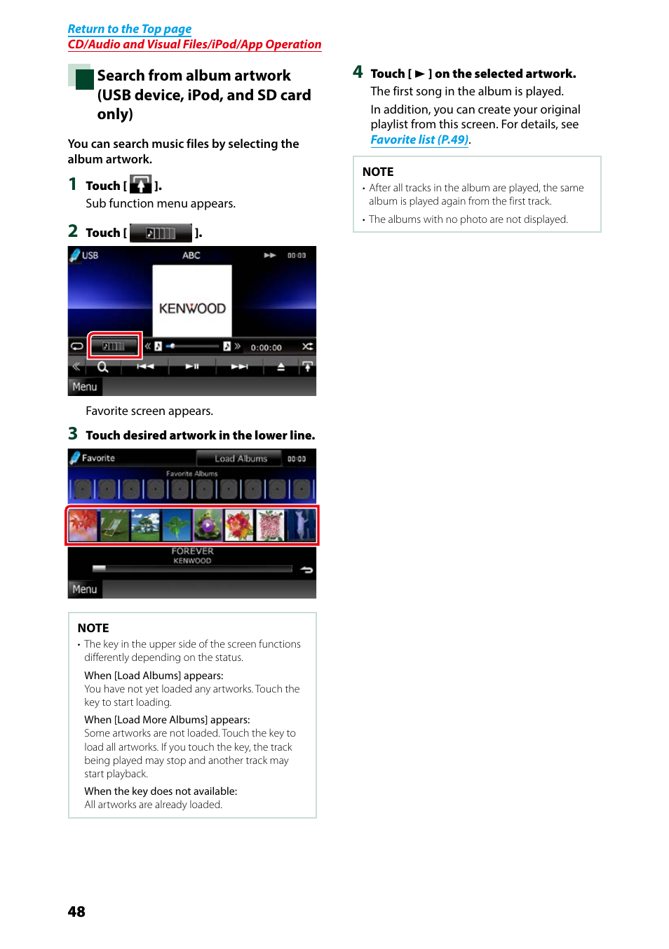 Search from album, Artwork (p.48) | Kenwood DNX7250DAB User Manual | Page 49 / 131