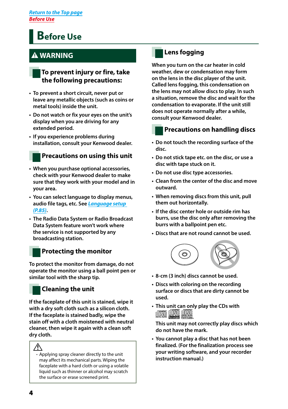 Before use, Warning, Efore use | 2warning | Kenwood DNX7250DAB User Manual | Page 5 / 131