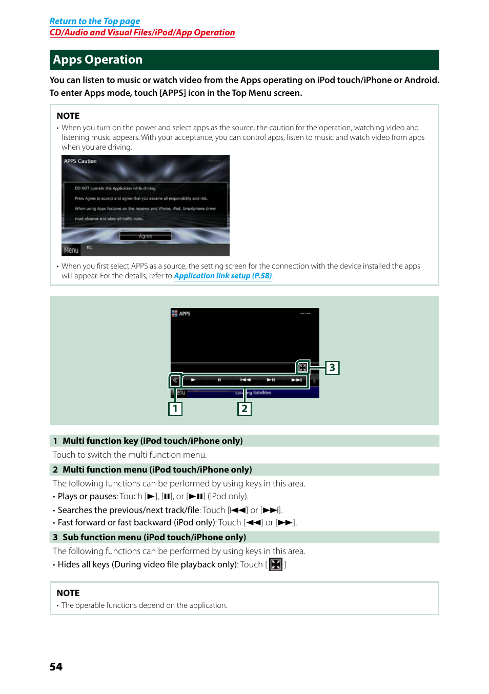 Apps operation, P.54), O apps | Kenwood DNX7250DAB User Manual | Page 55 / 131