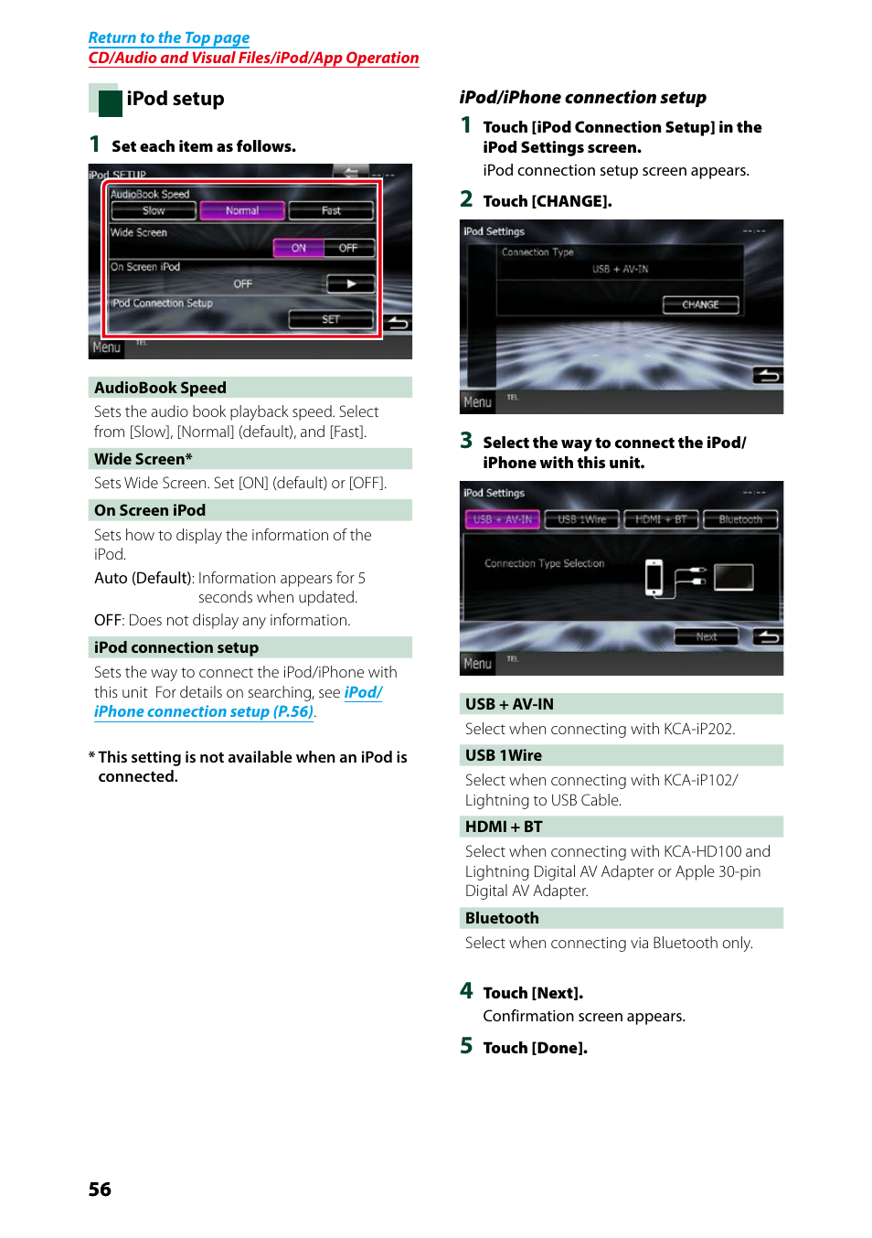 Ipod/iphone, Connection setup (p.56), Ipod setup (p.56) | Kenwood DNX7250DAB User Manual | Page 57 / 131