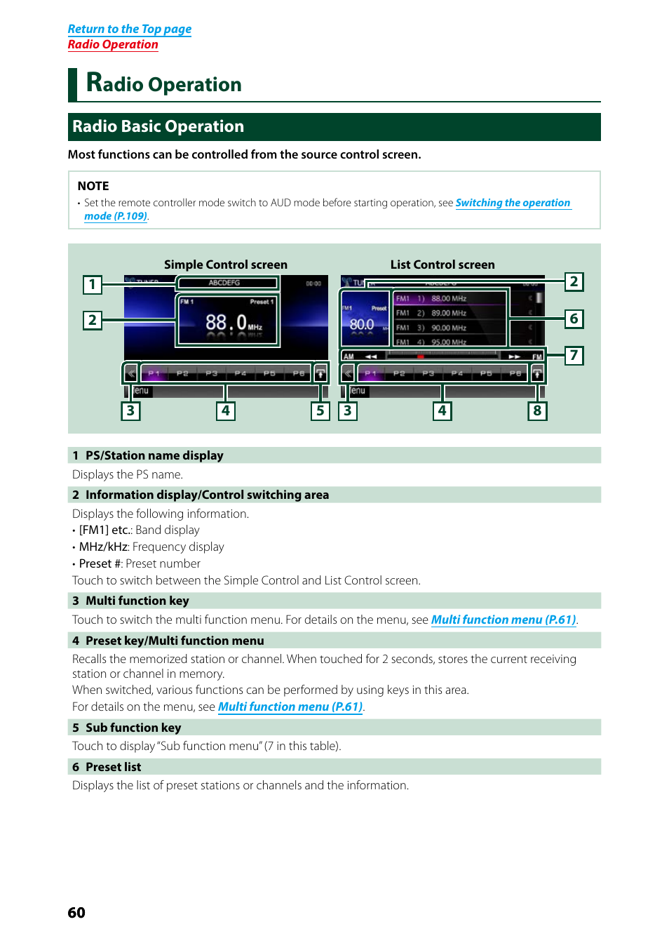 Radio operation, Radio basic operation, Adio operation | Kenwood DNX7250DAB User Manual | Page 61 / 131