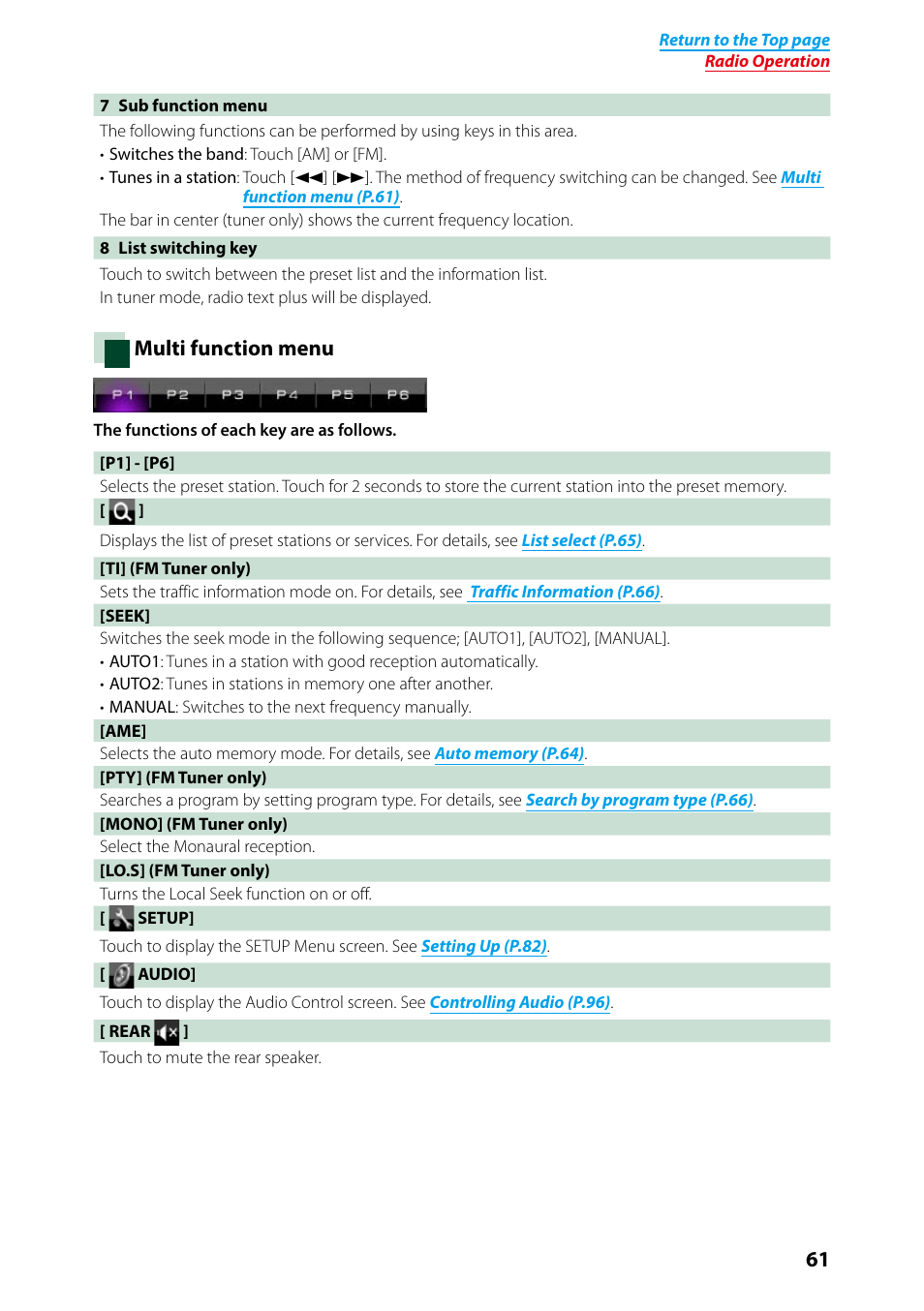 Multi function menu (p.61), Multi function menu | Kenwood DNX7250DAB User Manual | Page 62 / 131