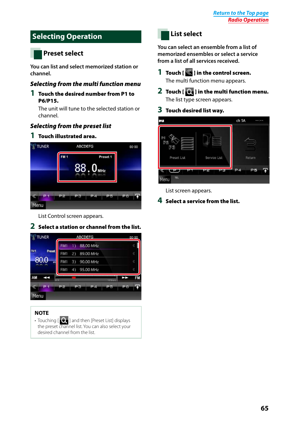 Selecting operation, List select (p.65) | Kenwood DNX7250DAB User Manual | Page 66 / 131