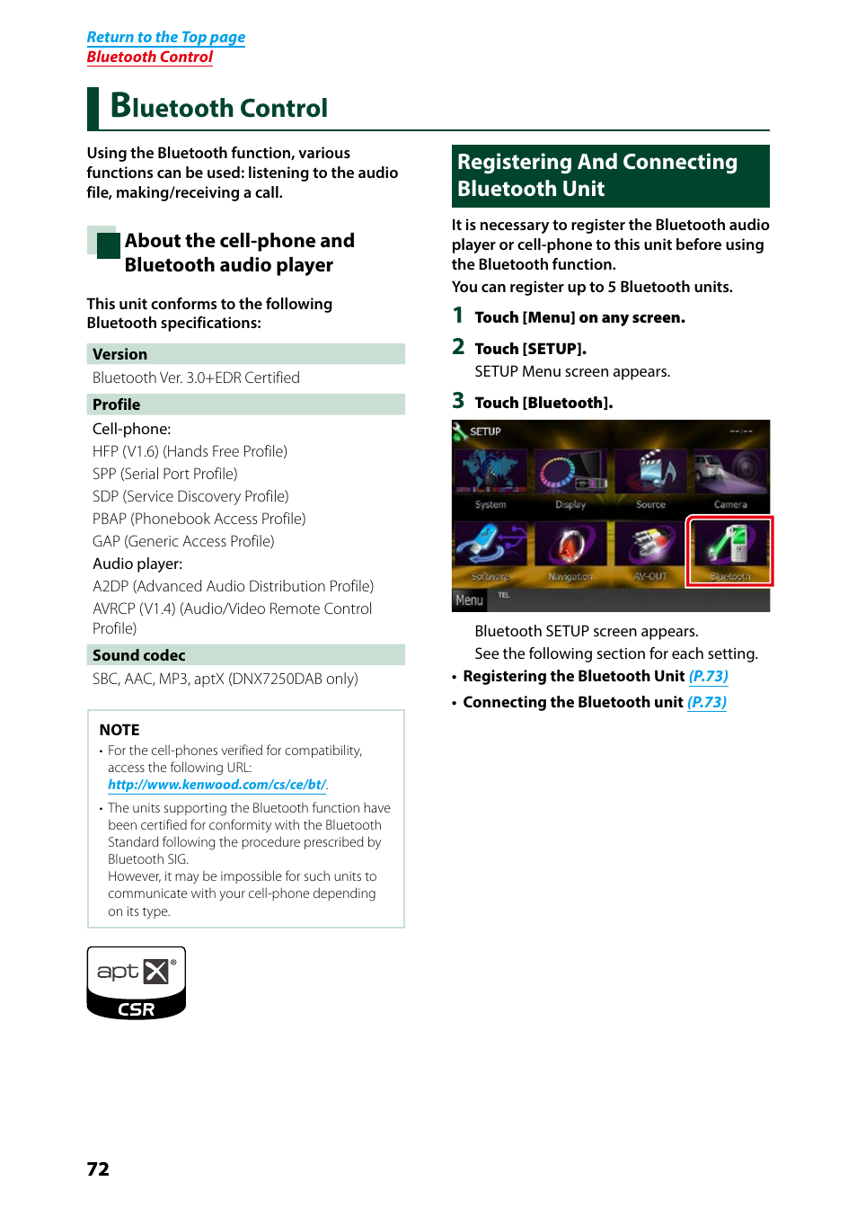 Bluetooth control, Registering and connecting bluetooth unit, Registering and | Connecting bluetooth unit, Luetooth control | Kenwood DNX7250DAB User Manual | Page 73 / 131