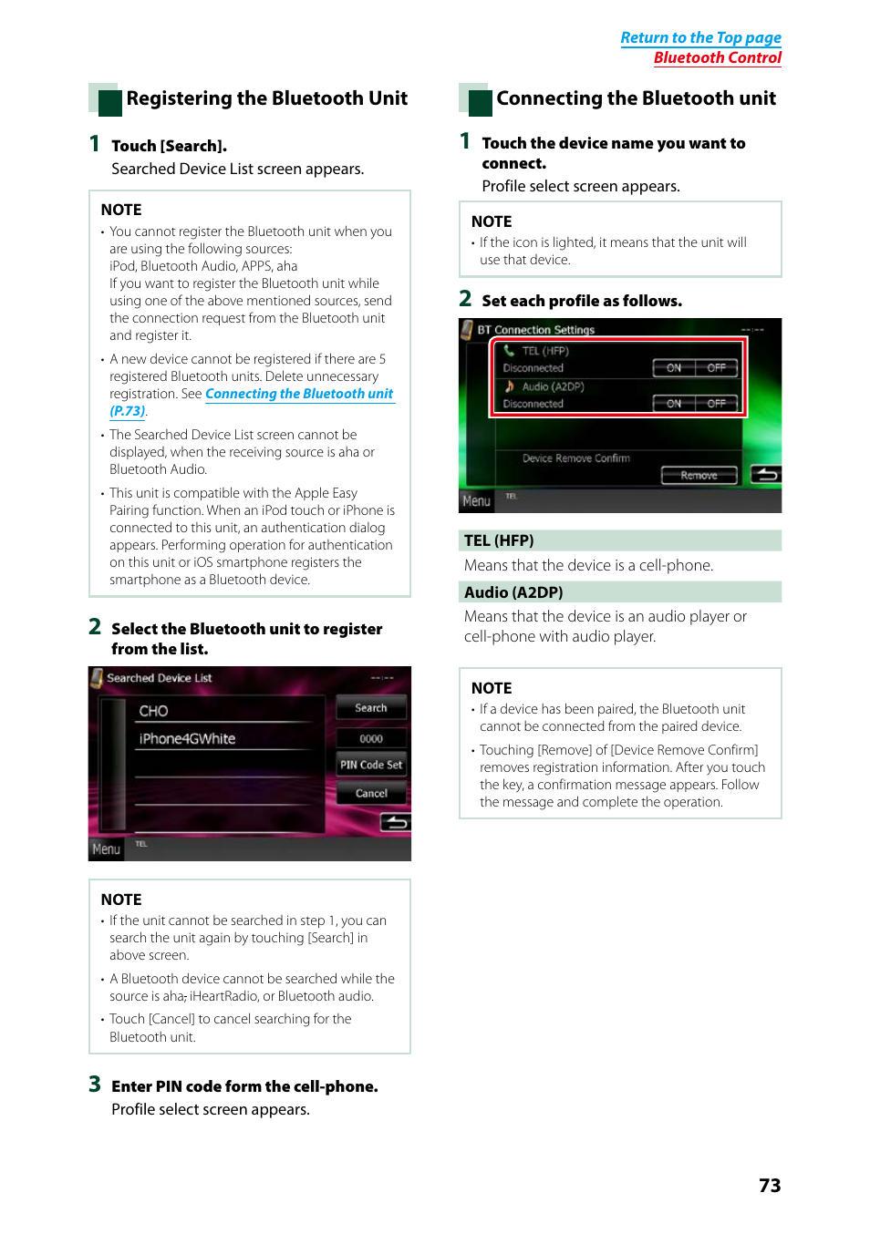 P.73), Registering the bluetooth unit, Connecting the bluetooth unit | Kenwood DNX7250DAB User Manual | Page 74 / 131