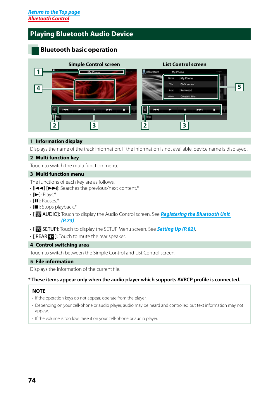 Playing bluetooth audio device | Kenwood DNX7250DAB User Manual | Page 75 / 131