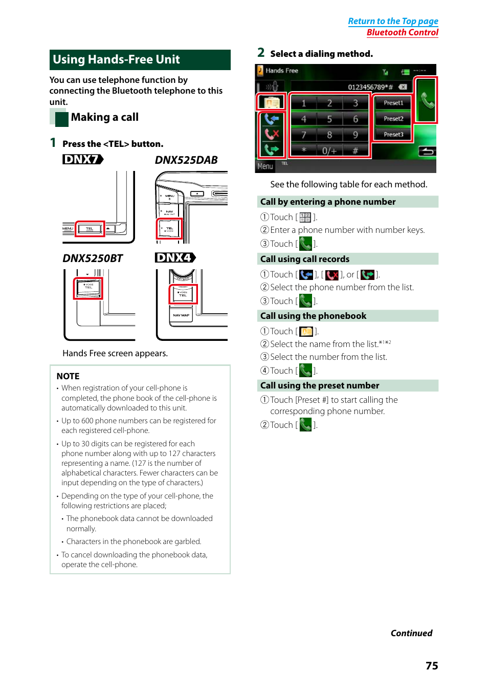 Using hands-free unit, Making a call | Kenwood DNX7250DAB User Manual | Page 76 / 131