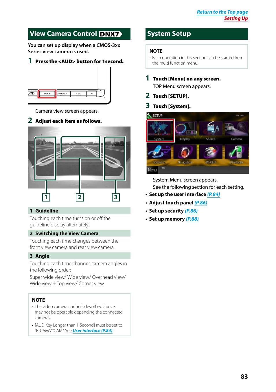 View camera control, System setup, View camera control system setup | Kenwood DNX7250DAB User Manual | Page 84 / 131