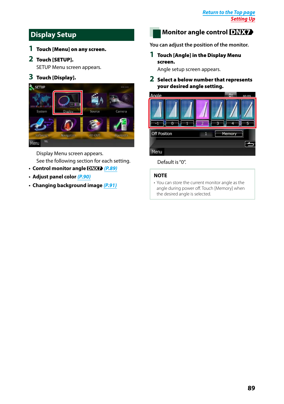 Display setup, Monitor angle control (p.89), Monitor | Angle control (p.89) | Kenwood DNX7250DAB User Manual | Page 90 / 131