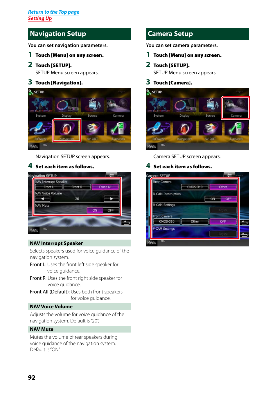 Navigation setup, Camera setup, Navigation setup camera setup | Camera setup (p.92), P.92) | Kenwood DNX7250DAB User Manual | Page 93 / 131