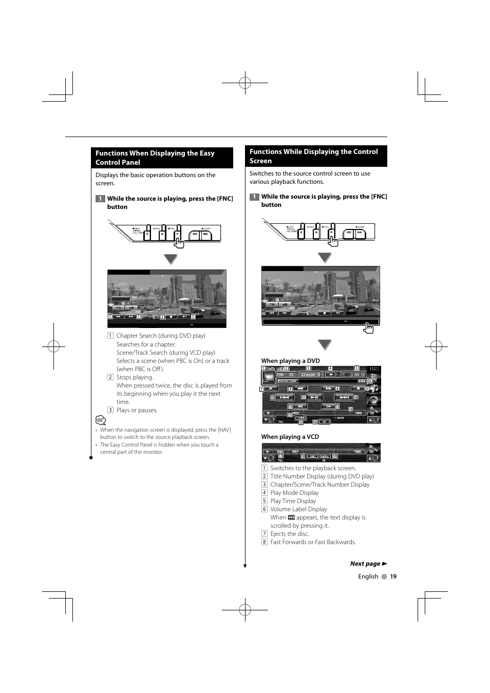 Functions when displaying the easy control panel, Functions while displaying the control screen, Next page 3 | Kenwood KVT-526DVD User Manual | Page 19 / 96