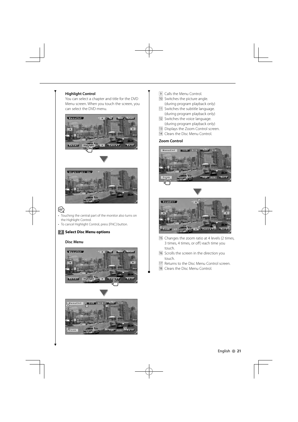 2select disc menu options disc menu | Kenwood KVT-526DVD User Manual | Page 21 / 96