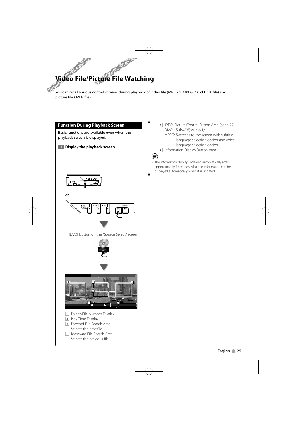 Video file/picture file watching, Function during playback screen | Kenwood KVT-526DVD User Manual | Page 25 / 96