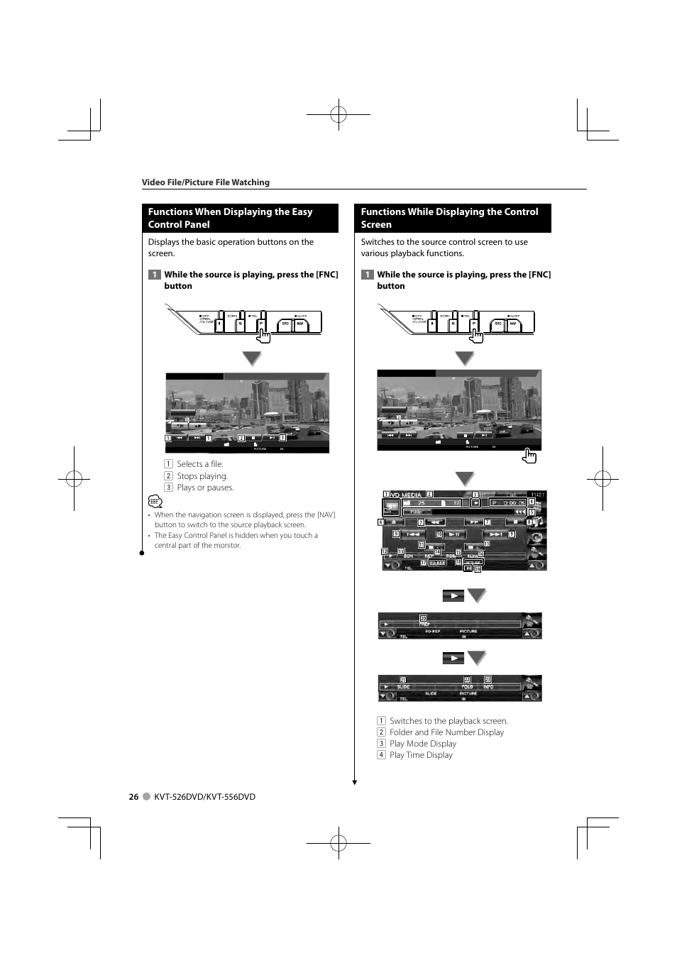 Functions when displaying the easy control panel, Functions while displaying the control screen | Kenwood KVT-526DVD User Manual | Page 26 / 96