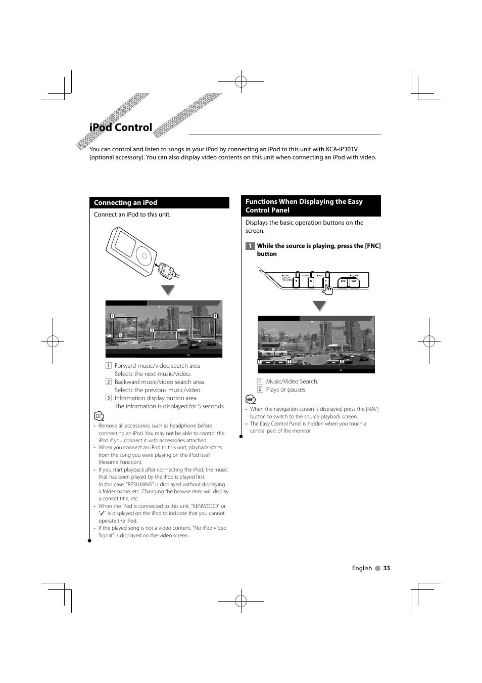 Ipod control, Connecting an ipod, Functions when displaying the easy control panel | Kenwood KVT-526DVD User Manual | Page 33 / 96